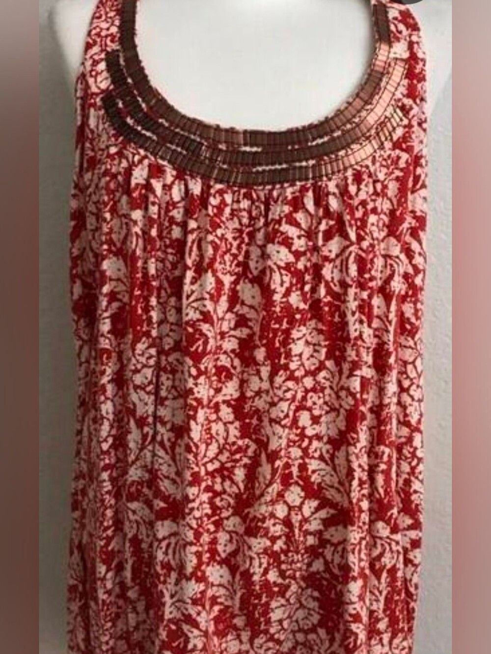 Elle L Red White Floral Batik Copper Colored Accent Print Women Halter Tank Top